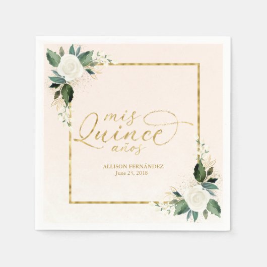 キンセアニェラピンクゴールドフォイルフローラナプキンス スタンダードカクテルナプキン (正面)