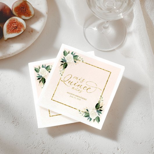 キンセアニェラピンクゴールドフォイルフローラナプキンス スタンダードカクテルナプキン