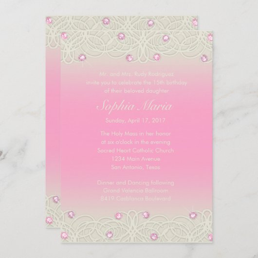 キンセアニェラピンクスパークルアンドレース 招待状 (正面/裏面)