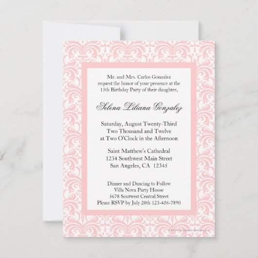 キンセアニェラピンクダマスクソフトピンクと白 招待状 (裏面)