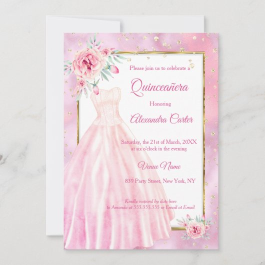 キンセアニェラピンクドレスフローラ金ゴールド誕生日パーティー 招待状 (正面)