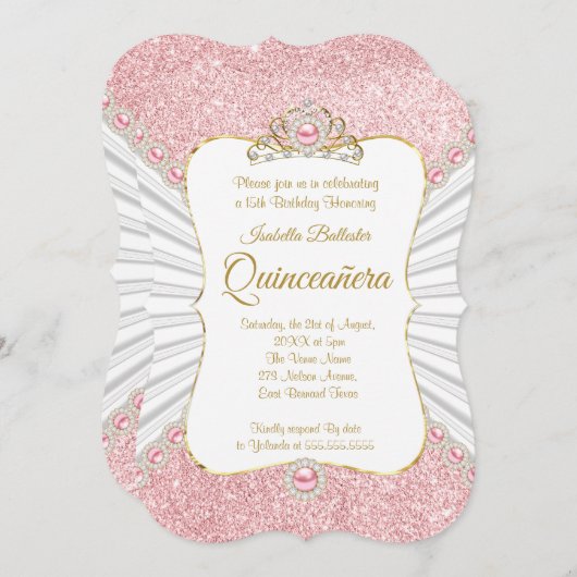 キンセアニェラピンクパール金ゴールドティアラ誕生日パーティー 招待状 (正面/裏面)
