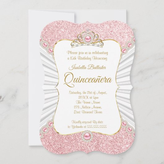 キンセアニェラピンクパール金ゴールドティアラ誕生日パーティー 招待状 (正面)
