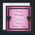 キンセアニェラピンクブラックジュエルティアフォーマルラ1 招待状<br><div class="desc">15歳の誕生日パーティーの招待を受けました。特別な機会やイベントに使用黒いサテンの蝶形とダイヤモンドの宝石ティアラを持つ、ピンクと黒の金属製フレーム。カスタマイズフォントと大きさのスタイルを変更する。お世話になもしるために、返信用カードをお送りください。</div>