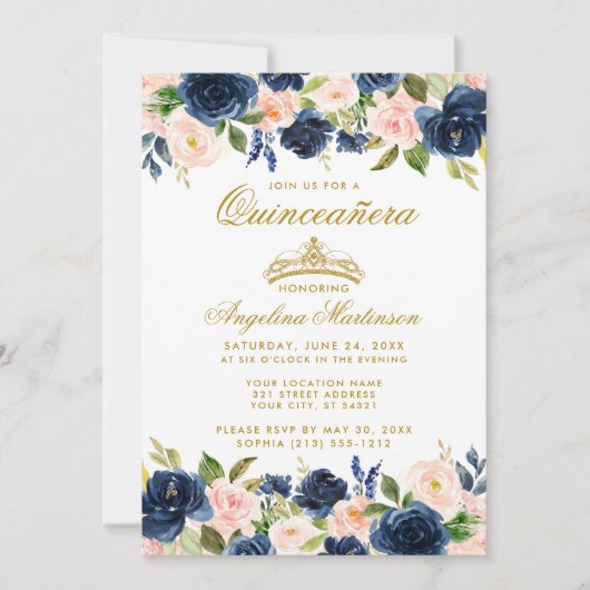 キンセアニェラピンクブルーフローラ金ゴールドクラウン写真 招待状 (正面)