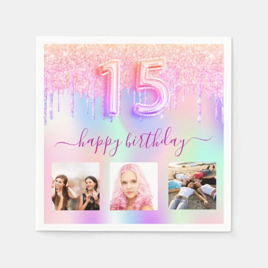 キンセアニェラピンクホログラフィックドリップ スタンダードカクテルナプキン (正面)