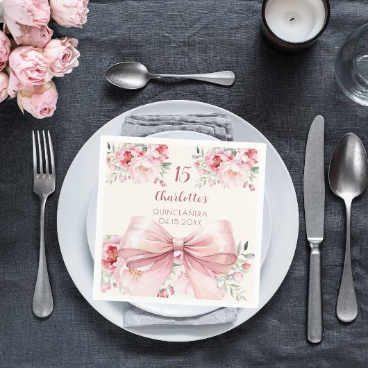 キンセアニェラピンクボウクリーム花模様バラ スタンダードカクテルナプキン