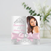 キンセアニェラピンクボウ白真珠フォト誕生日 招待状 (スタンド正面)
