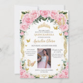 キンセアニェラピンクローズフローラヴィンテージ金ゴールド写真 招待状 (正面)