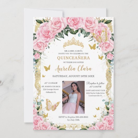 キンセアニェラピンクローズフローラヴィンテージ金ゴールド写真 招待状 (正面)