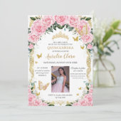 キンセアニェラピンクローズフローラヴィンテージ金ゴールド写真 招待状 (スタンド正面)