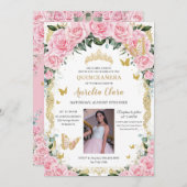 キンセアニェラピンクローズフローラヴィンテージ金ゴールド写真 招待状 (正面/裏面)