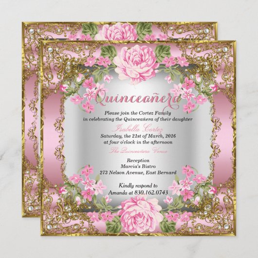 キンセアニェラピンクヴィンテージ国フローラ金ゴールド2 招待状 (正面/裏面)