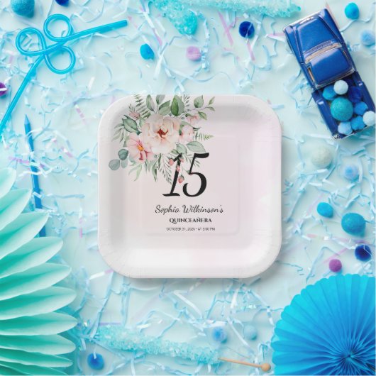 キンセアニェラピンク素朴フローラ15誕生日 ペーパープレート (パーティー)
