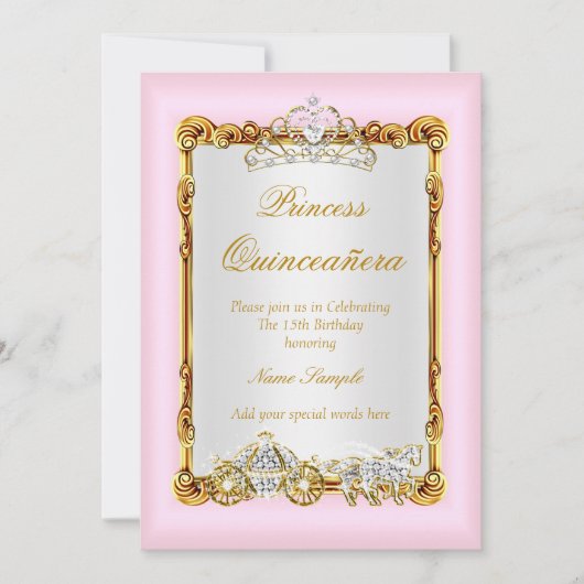 キンセアニェラピンク金ゴールド馬車おとぎ話 招待状 (正面)