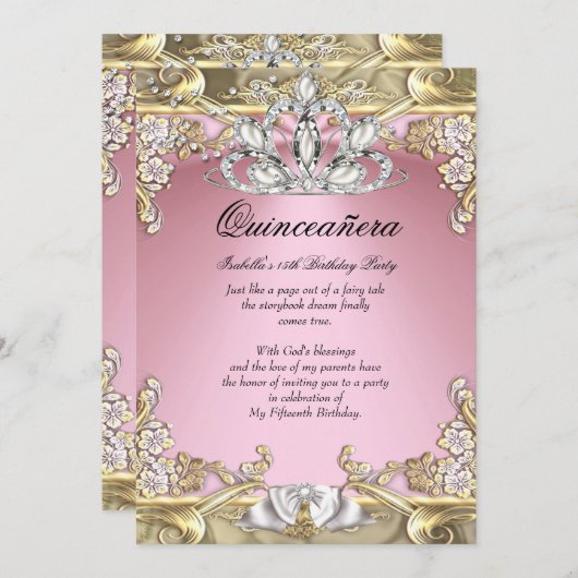 キンセアニェラピンク金ゴールド15th誕生日パーティー 招待状 (正面/裏面)