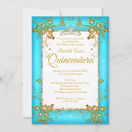 キンセアニェラフォトティール（緑がかった色）ブルー金ゴールドダイヤモンドティアラ 招待状 (正面)