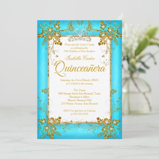 キンセアニェラフォトティール（緑がかった色）ブルー金ゴールドダイヤモンドティアラ 招待状 (スタンド正面)