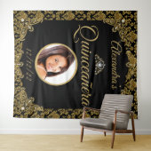 キンセアニェラフォトブラック金ゴールドダマスクティアラ誕生日 タペストリー (インサイチュ(横))