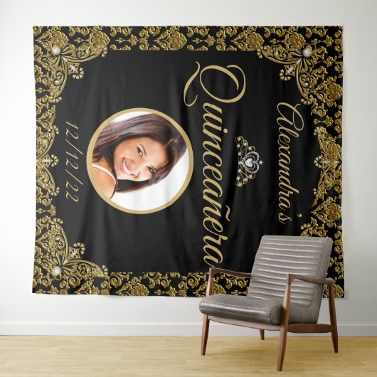 キンセアニェラフォトブラック金ゴールドダマスクティアラ誕生日 タペストリー (インサイチュ(横))