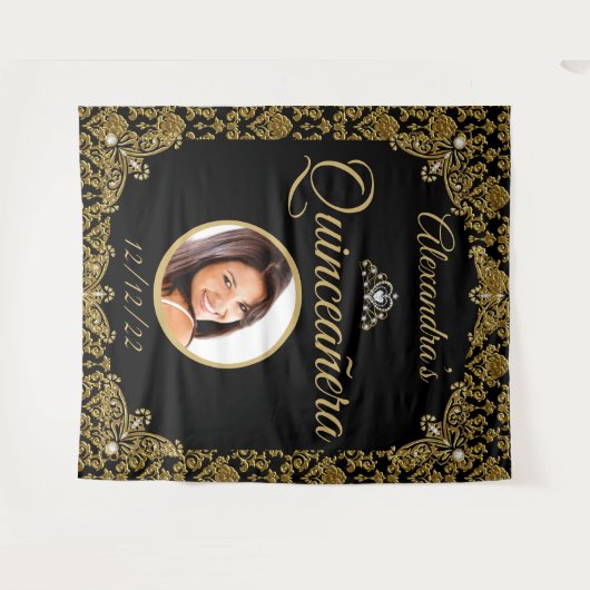キンセアニェラフォトブラック金ゴールドダマスクティアラ誕生日 タペストリー (正面(横))