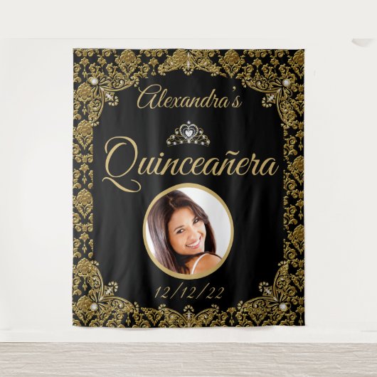 キンセアニェラフォトブラック金ゴールドダマスクティアラ誕生日 タペストリー (正面)