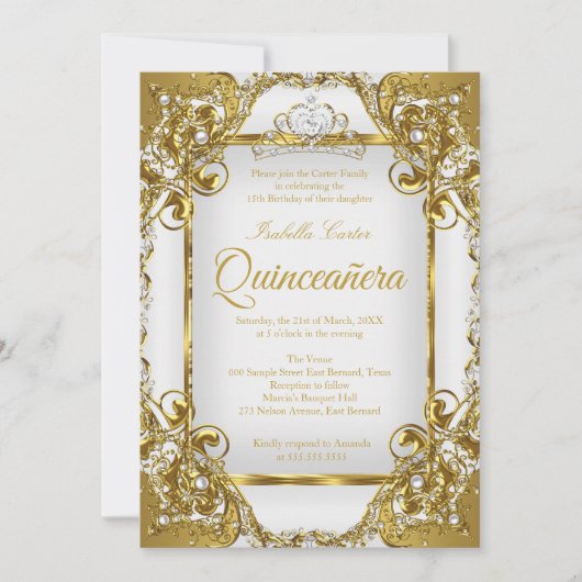 キンセアニェラフォトホワイトゴールデンパールティアラパーティー 招待状 (正面)