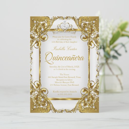 キンセアニェラフォトホワイトゴールデンパールティアラパーティー 招待状 (スタンド正面)