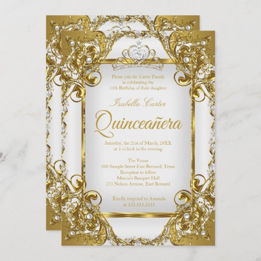 キンセアニェラフォトホワイトゴールデンパールティアラパーティー 招待状 (正面/裏面)