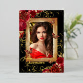 キンセアニェラフォトレッドローズ金ゴールド蝶 箔招待状 (立ち正面)