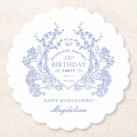 キンセアニェラフランスのブルーフローラクレストカスタム ペーパーコースター (正面)