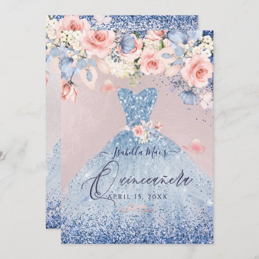 キンセアニェラフローラダスティブルーグリッターガウン 招待状 (正面/裏面)