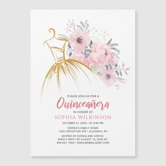 キンセアニェラフローラフェイク金ゴールドドレス15番目の誕生日イン マグネット招待状 (正面)