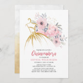 キンセアニェラフローラフェイク金ゴールドドレス15th誕生日 招待状 (正面/裏面)