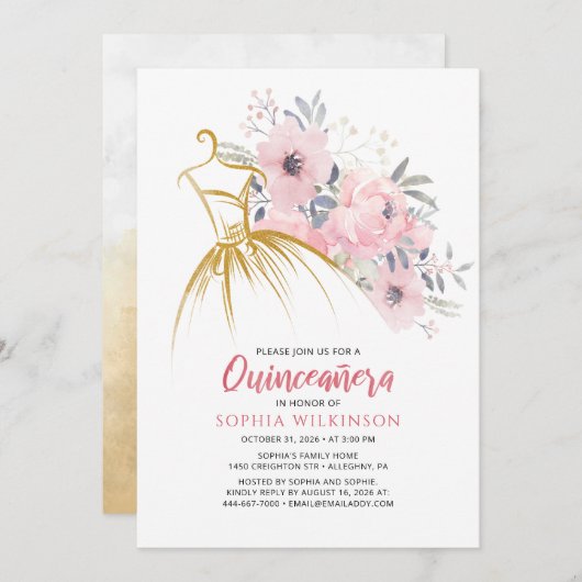 キンセアニェラフローラフェイク金ゴールドドレス15th誕生日 招待状 (正面/裏面)