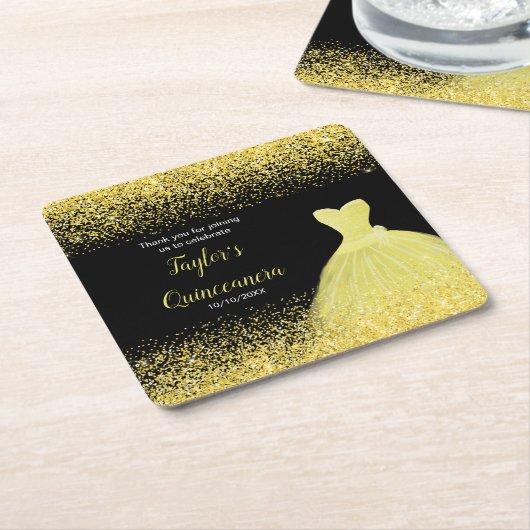 キンセアニェラブライトイエローフェイクグリッター スクエアペーパーコースター (アングル)