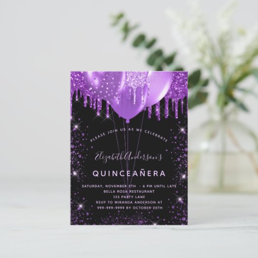キンセアニェラブラックパープルグリッターダストバルーン インビテーションポストカード (スタンド正面)