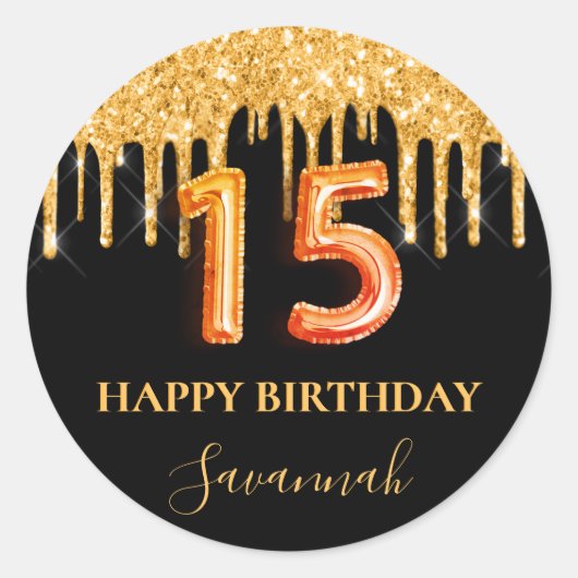 キンセアニェラブラック金ゴールドグリッターパーティーバルーンスタイル ラウンドシール (正面)