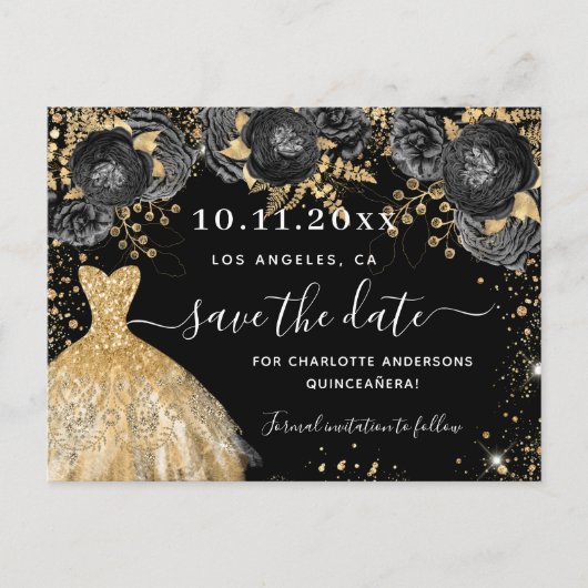 キンセアニェラブラック金ゴールドドレス花模様は日付を保存 案内ポストカード (正面)