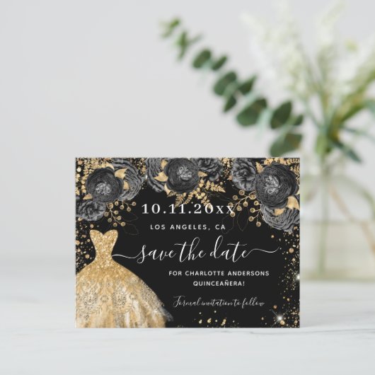キンセアニェラブラック金ゴールドドレス花模様は日付を保存 案内ポストカード (スタンド正面)