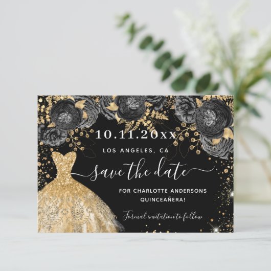 キンセアニェラブラック金ゴールドドレス花模様 セーブザデート (スタンド正面)