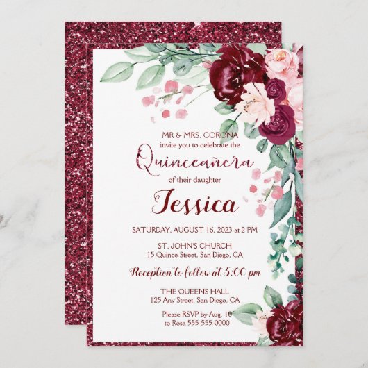 キンセアニェラブルガンディレッドフローラグリッター招待状 招待状 (正面/裏面)