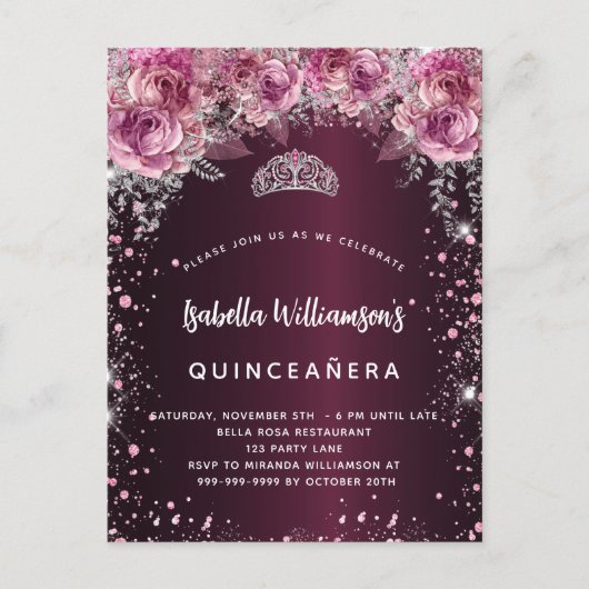 キンセアニェラブルガンディーピンクフローラティアラ インビテーションポストカード (正面)