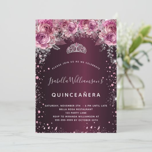 キンセアニェラブルゴーニュピンクグリッターフローラティアラ 招待状 (スタンド正面)