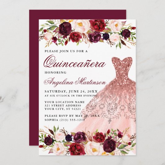 キンセアニェラブルゴーニュフローラピンクグリッタードレス 招待状 (正面/裏面)