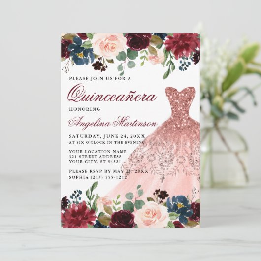 キンセアニェラブルゴーニュフローラフォトピンクドレス 招待状 (スタンド正面)