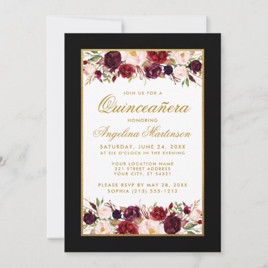 キンセアニェラブルゴーニュフローラ白黒金ゴールド写真 招待状 (正面)