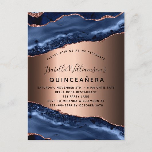 キンセアニェラブルーアガテ大理石バラ金ゴールド インビテーションポストカード (正面)