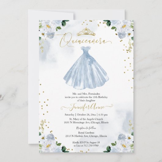 キンセアニェラブルーウォーターカラーフローラドレス 招待状 (正面)