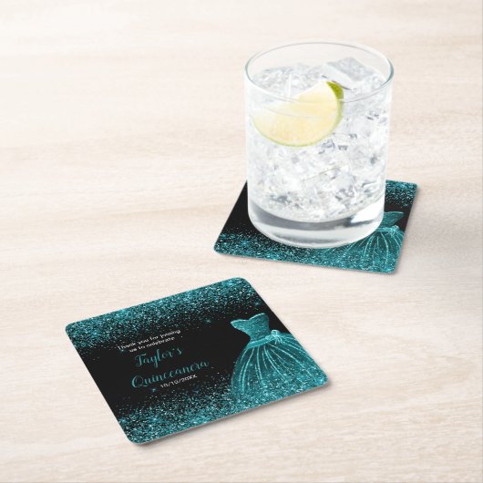 キンセアニェラブルーティール(緑がかった色)フェイクグリッター スクエアペーパーコースター (インサイチュ)
